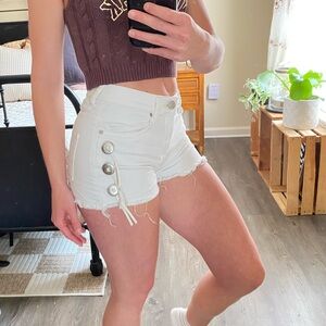 Express Jeans Distressed White High Waist Concho Fringe Shorts — Womens 2